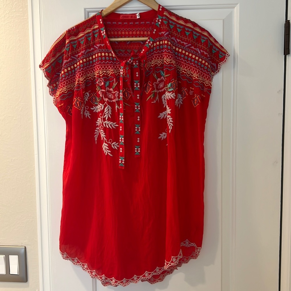 Johnny Was Red Embroidered Blouse